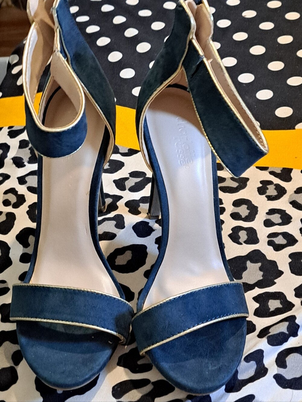 EUC Charlotte Russe Navy Blue Suede Stiletto Gold Trim Ankle Strap Zip Back